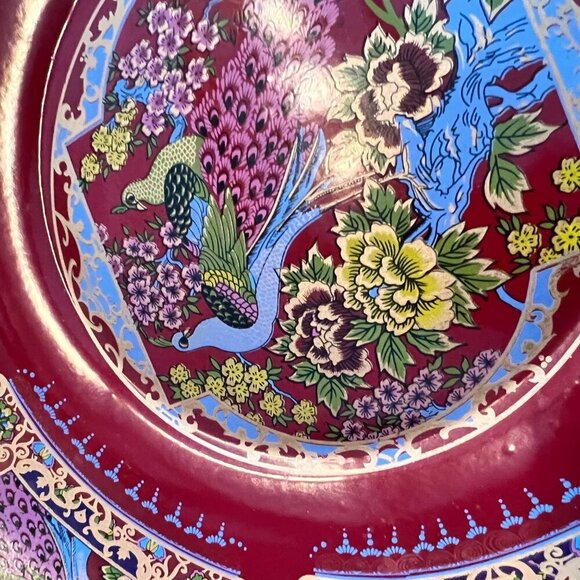 Vintage Red Enamel Decorative Bowl With Floral & Peacock Motifs - Picture 8 of 10